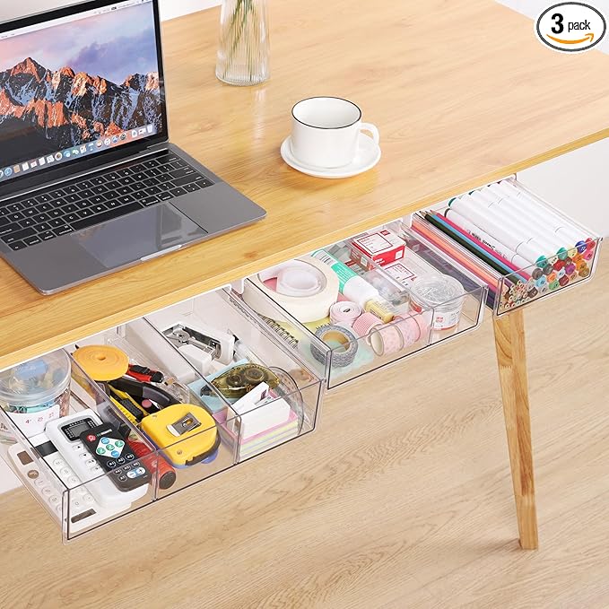 OTraki 3 Packs Under Desk Storage Drawer, Large &